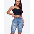 thumbnail image 3 of Bermudas de mezclilla para mujer, informales, de verano, con dobladillo sin rematar, azul medio, XXL, 3 of 5