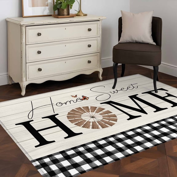 Home Sweet 4x6 Rug for Dining Table for 4 People Under Table, Letter Wood Grain Checkered Farmhouse Decor ashable Non Slip Rectangle Area Rug