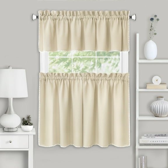 PowerSellerUSA Semi-Sheer Tailored Window Curtains, Modern Shell Stitched Embroidery for Kitchen, Livingroom and Bedroom, Rod Pocket Top, 36" Tier Valance Set