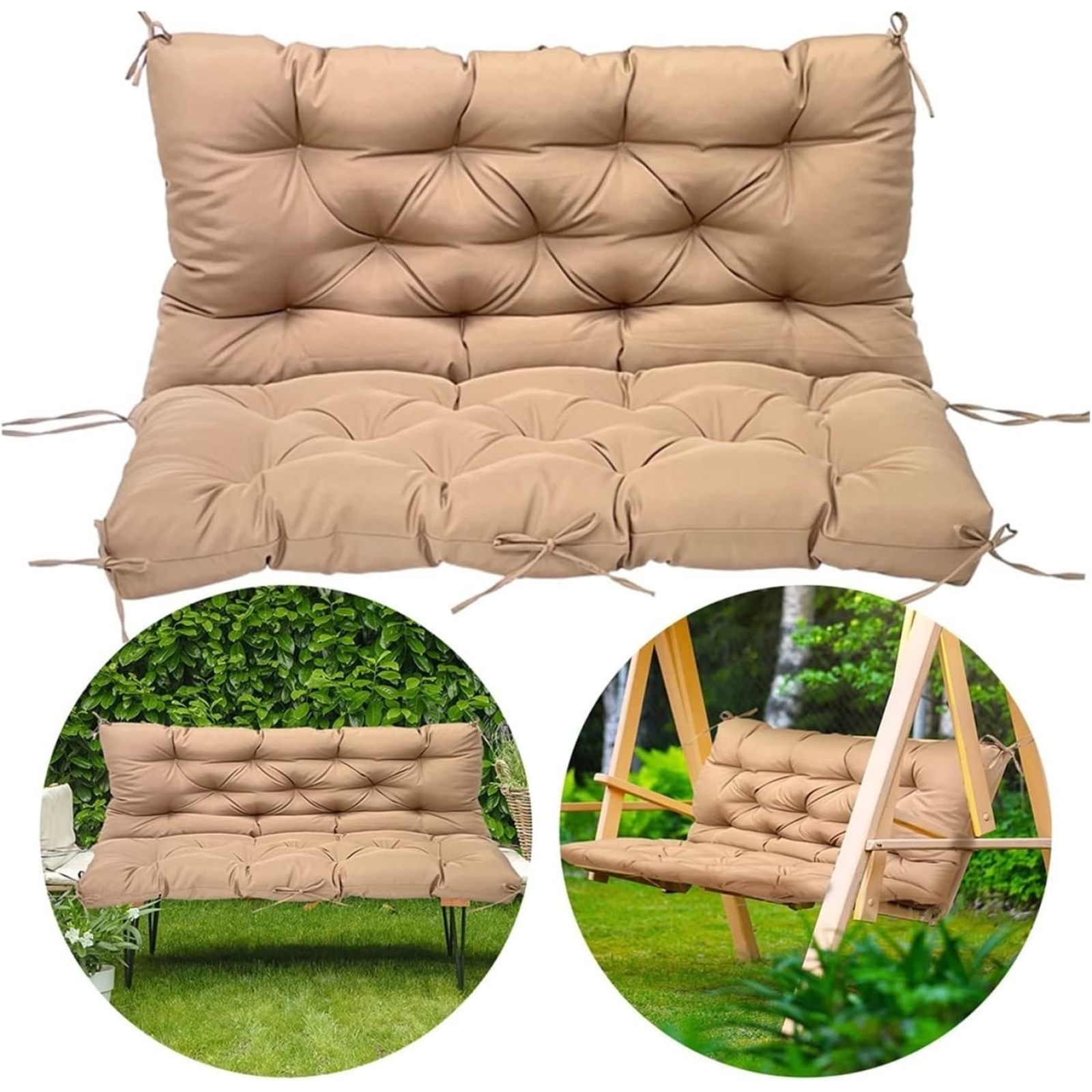 SQDWYGG Outdoor Swing Cushions with Backrest, 2 or 3 Person Seat Bench Replacement Waterproof Cushion for Outdoor Patio Porch Garden Furniture Swing Chair,Beige,39.4x39.4in