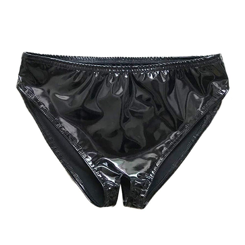 Mens Lingerie Wetlook Faux Leather C String Underwear Crotchless Bikini Briefs Produits Les Plus