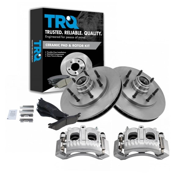 TRQ Front Brake Pad & Rotor Kit Brake Caliper Brake Pads Brake Rotor Ceramic Vented Fits Select 2000-2003 Ford F-150 1997-1999 F-250