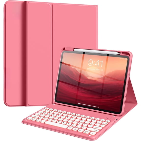 New Pink Cute Candy Round Key Magnetically Detachable Wireless Keyboard Folio Case with Top Apple Pencil Holder for iPad Air 11 M4 2026 / M3 2025 / M2 2024, iPad Air 5th Gen 2022 / Air 4th Gen 2020