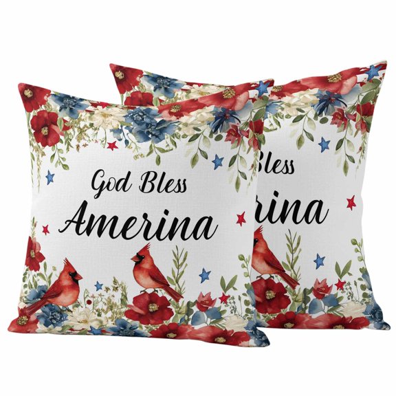 Independence Day Outdoor Waterproof Pillow Covers, Red Blue Floral Eucalyptus Birds Watercolor Decorative Square Throw Pillowcase Sofa Cushion Sham for Patio/Couch/Chair, 26"x26" 2 Pack