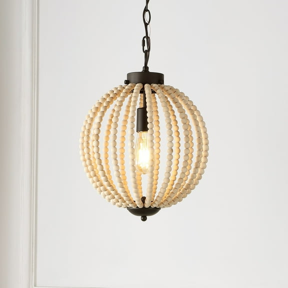 JONATHAN Y Abril 12.5" 1-Light Rustic Bohemian Iron/Wood Bead LED Pendant, Oil Rubbed Bronze/Brown