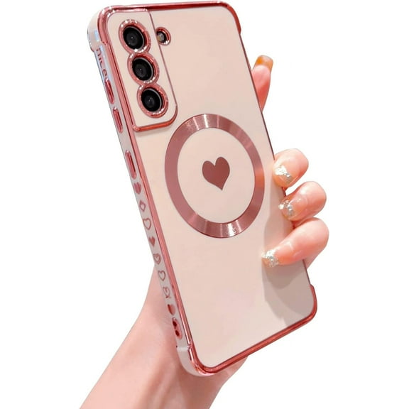 Magnetic Case for Samsung Galaxy S21 FE 6.4" [ Compatible with MagSafe ] Cute Heart Case for Women Girls Luxury Plating Soft Bumper Full Camera Lens Protection S21 FE Cover (Pink)