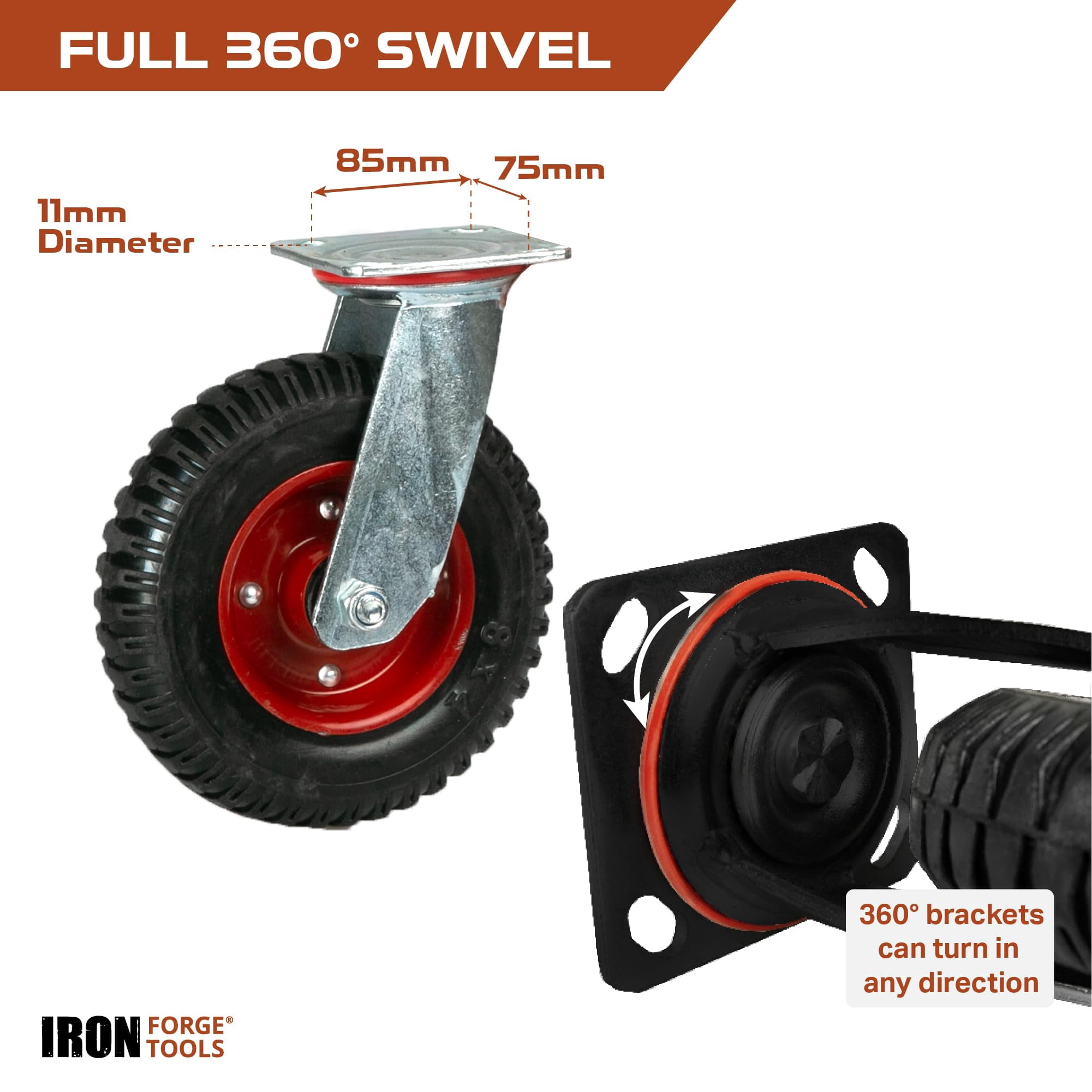 Iron Forge Tools Heavy Duty Swivel Knobby Caster, 7-7/8" Diameter, Set of 4 Flat-Free Solid Rubber Knobby Tread Caster Wheels, with Swiveling Bases, Two Casters with Brakes and Two Without