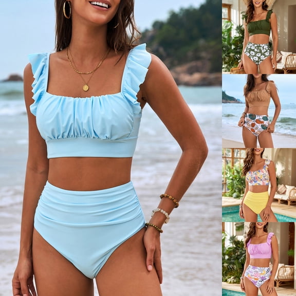 Women's Bikini Set Solid Color Two Piece Swimsuit with Removable Bra Pads No Underwire for Beach Swimming Vacation,Army Green,L