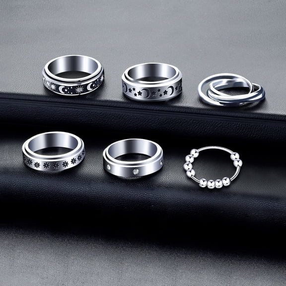 6Pcs Stainless Steel Spinner Ring Anti Anxiety Ring Spinning Moon Star Cool Stress Relieveing Rings for Women Men