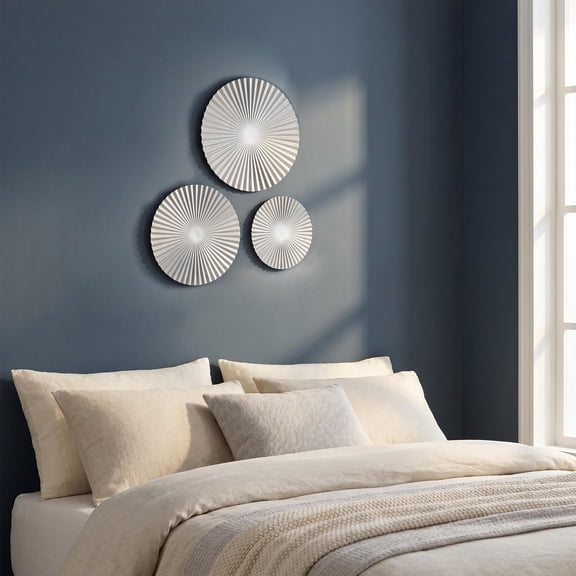 Nicehomfit 3Pcs Textured Plated Silver Metal Sunburst Radial Wall Art for Modern Home Wall Accents