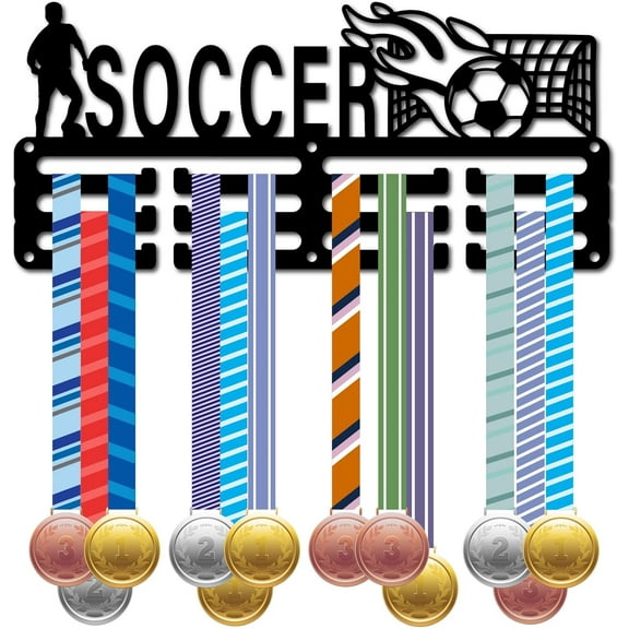Football Medal Holder Medal Hanger Metal Display Hooks Wall Mounted Rack Hanging Awards Organizer 3 Lines Holder 40  Medals Gift for Soccer Team Football Player Athletes 11.4x5.1 Inch Black