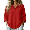 thumbnail image 2 of CFLVAEK Waffle Sweatshirt for Women Casual 3/4 Sleeve Pullover Tops Loose Fit Button Up Lapel Sweatshirts Trendy Summer Fall Top Red XXL, 2 of 8