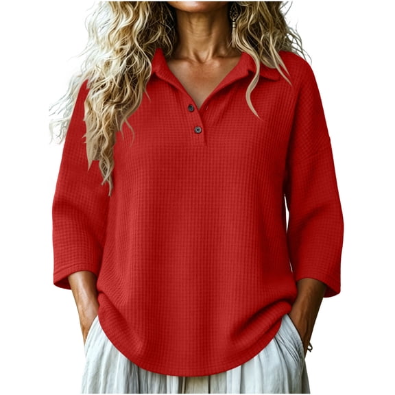 Drses Women Waffle Knit Polo Shirt, Collar V Neck 4 Button Down Short Sleeve Loose Fit Blouse, Trendy Casual Dressy Athletic Top for Summer Golf Tennis Work Daily Outfits