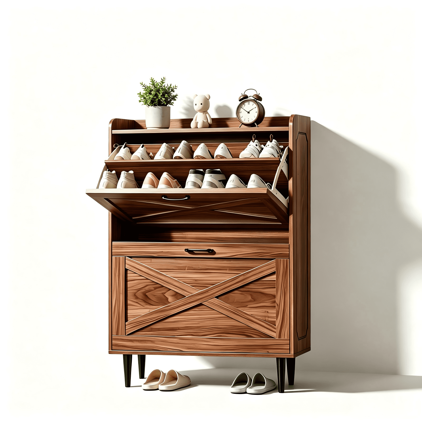 2-Drawer Top Enclosure Barn Door Shoe Cabinet Melamine Board Embossed MDF Shoe Cabinet, 31.61*9.45*39.37in, Walnut
