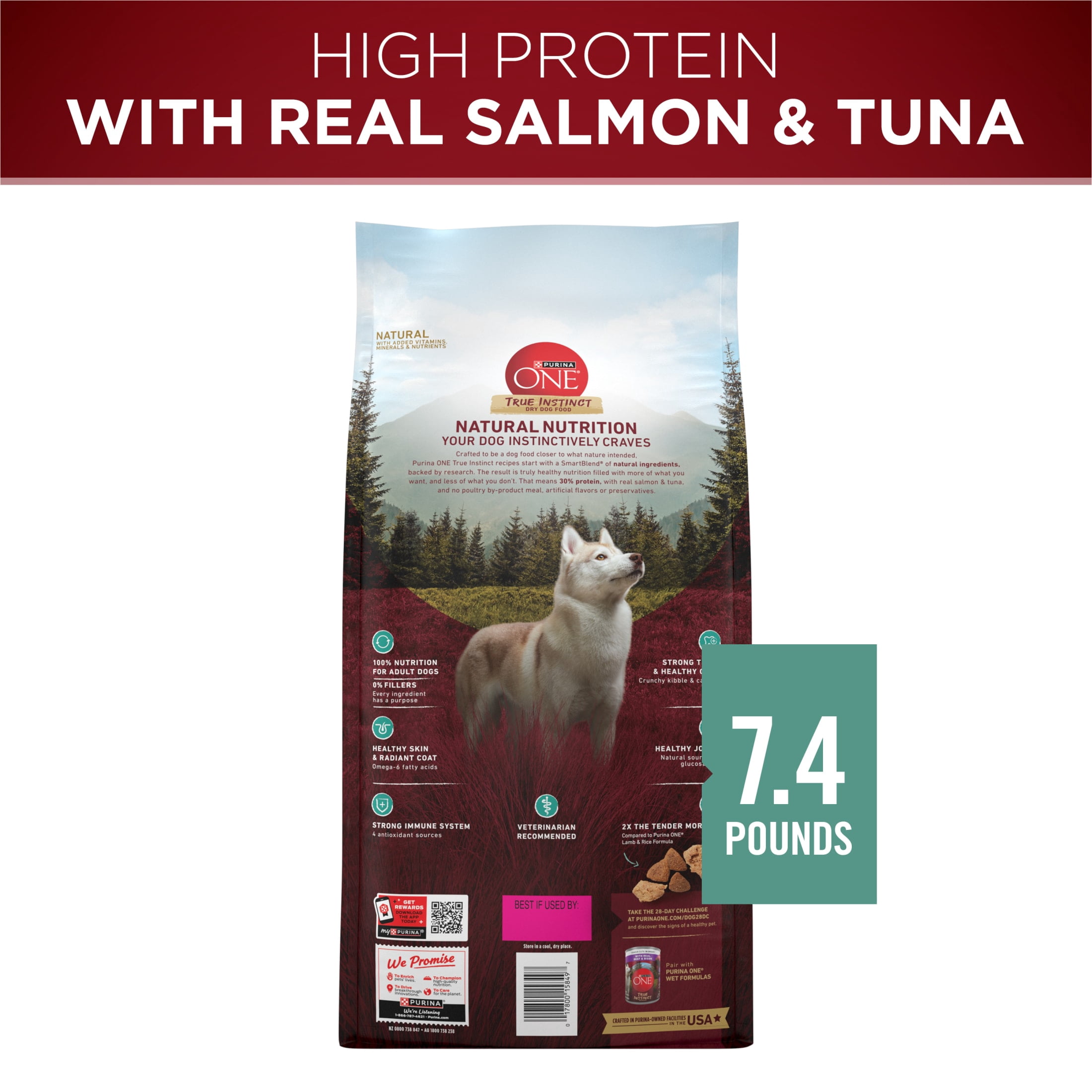 (4 pack) Purina ONE True Instinct With Real Salmon and Tuna Natural With Added Vitamins, Minerals and Nutrients High Protein Dog Food Dry Formula, 7.4 lb.