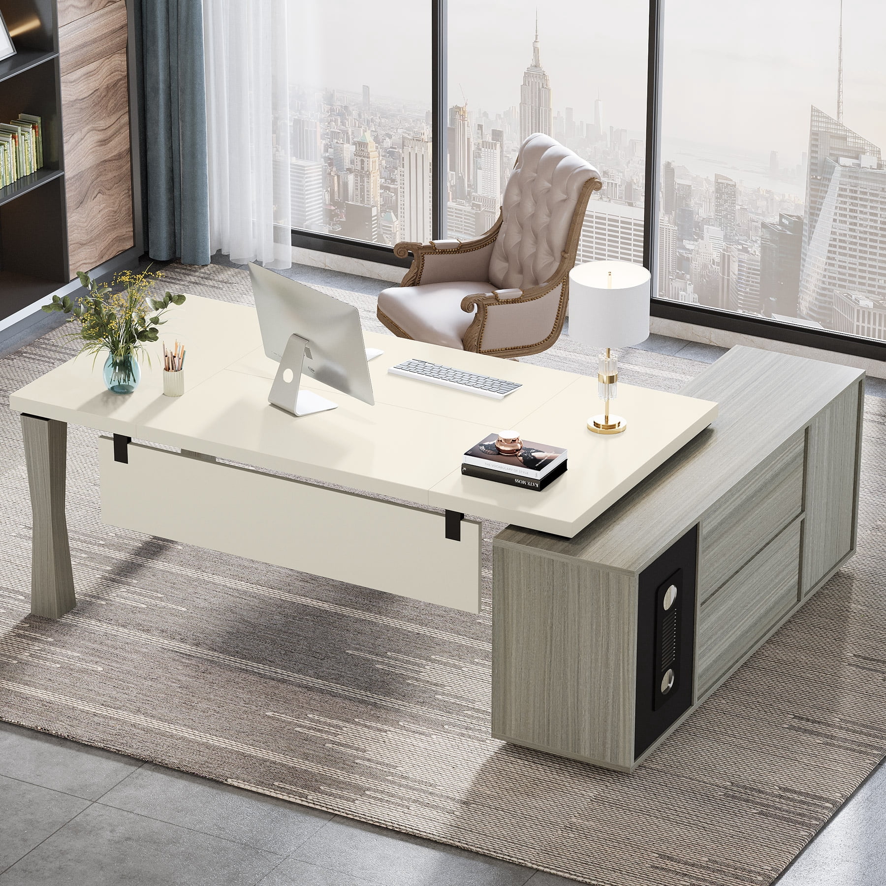 Tribesigns 71" L-Shaped Executive Desk With Storage Cabinet - Gray & White Home Office Desk