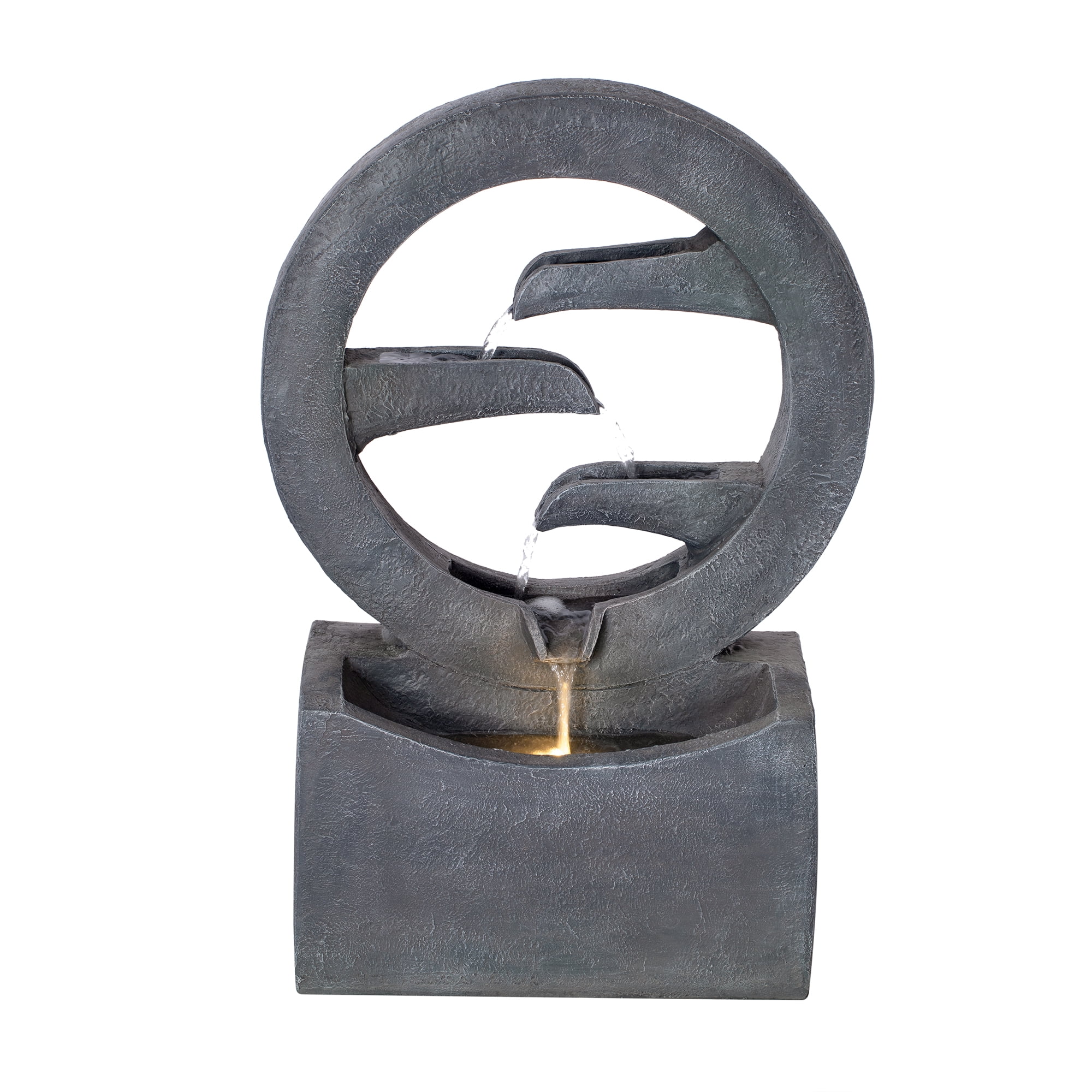 Circular LED Fountain, 26.77 Inch Gray Polyresin Outdoor Water Fountain for Patio Garden, Gray