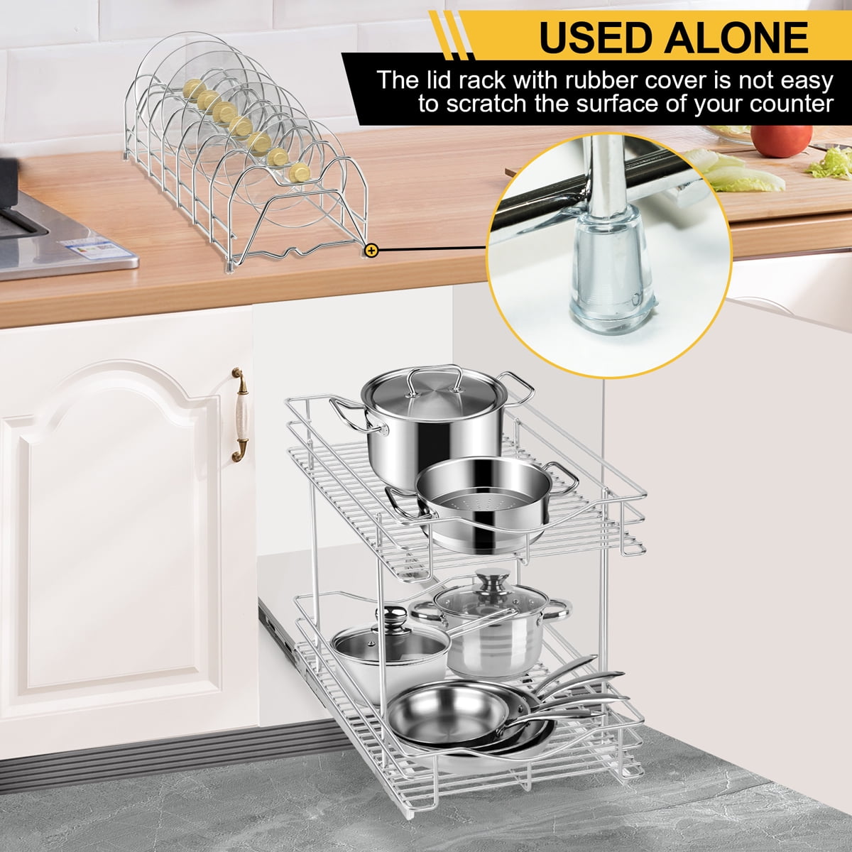 FULGENTE Pull Out 2-Tier Lid Cookware Cabinet Organizer