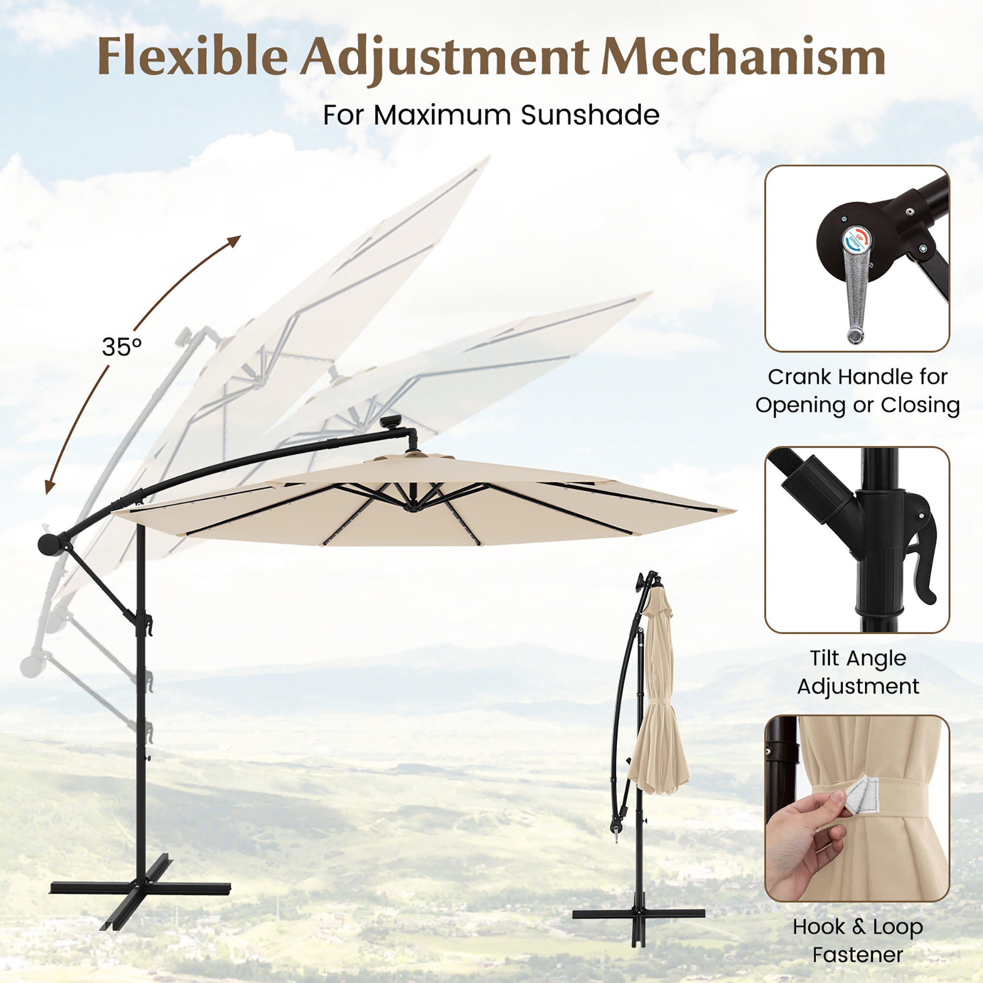 Gymax 10 ft Patio Offset Umbrella w/ Solar Lights Deck Umbrella w/ Easy Tilt Adjustment Beige