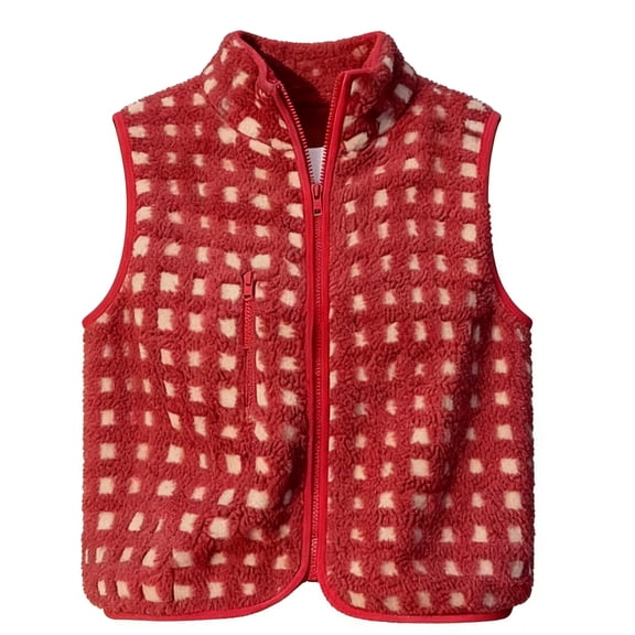 Womens Checkered Sherpa Vest, Sleeveless Fleece Zip Up Gilet with High Neck, Fashionable Warm Winter Vest for Women