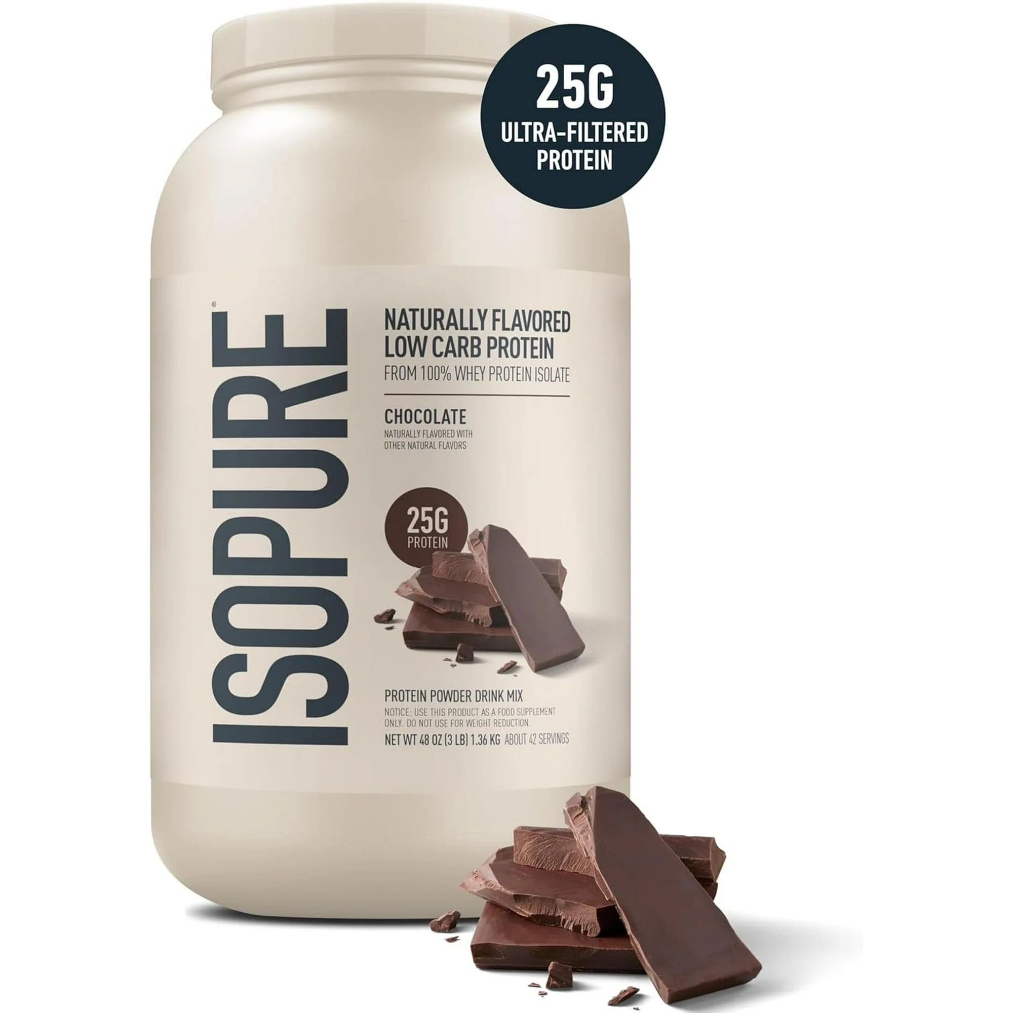 Isopure Low Carb 100% Pure Whey Isolate Protein Powder, Lactose Free, Gluten Free, With Vitamins, Chocolate, 25g Protein Per Serving, 3 Lbs, 42 Servings (Packaging May Vary)