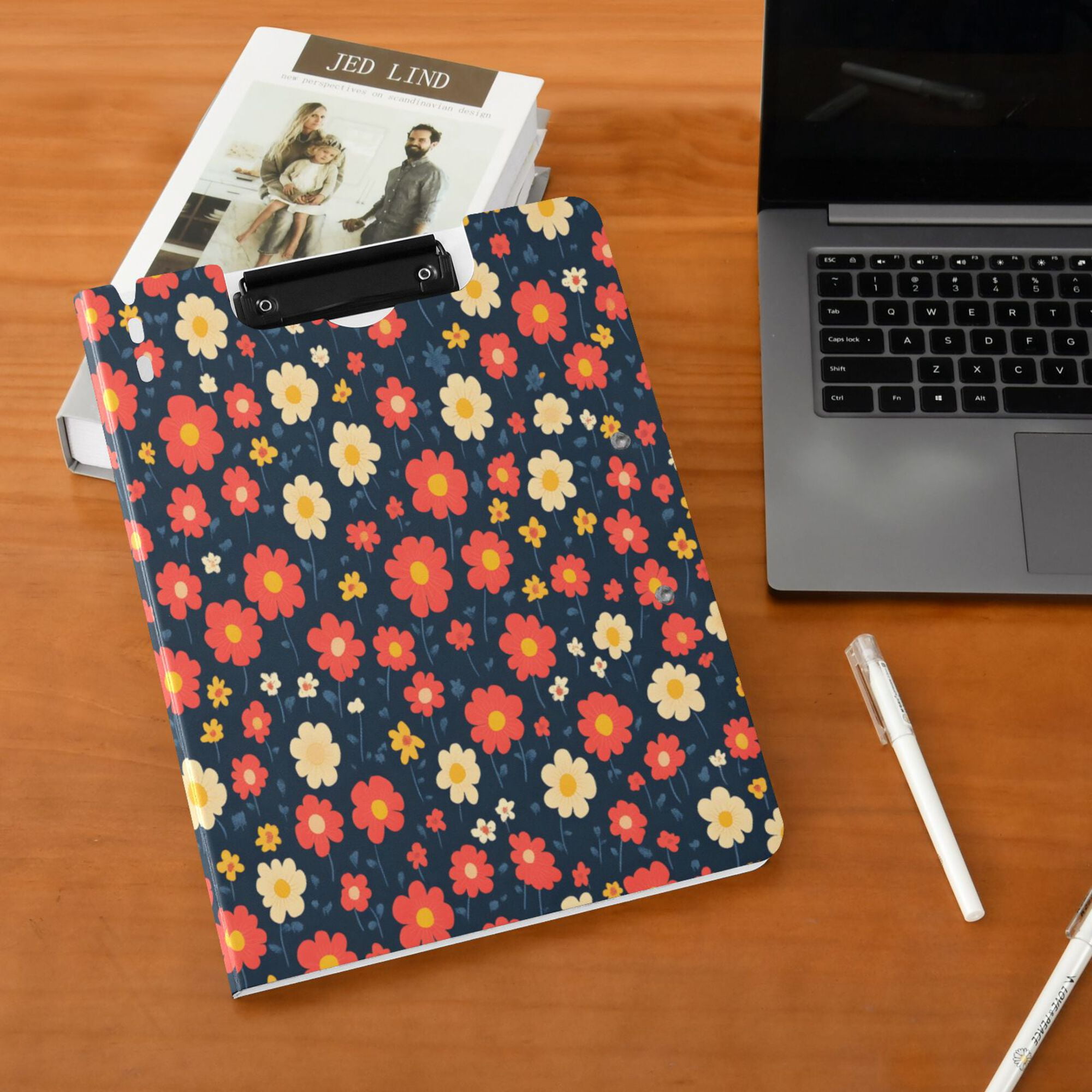 FORMRS A4 Clipboard Folder with Pen Holder Horizontal Foldable School Office Binder, Red Floral