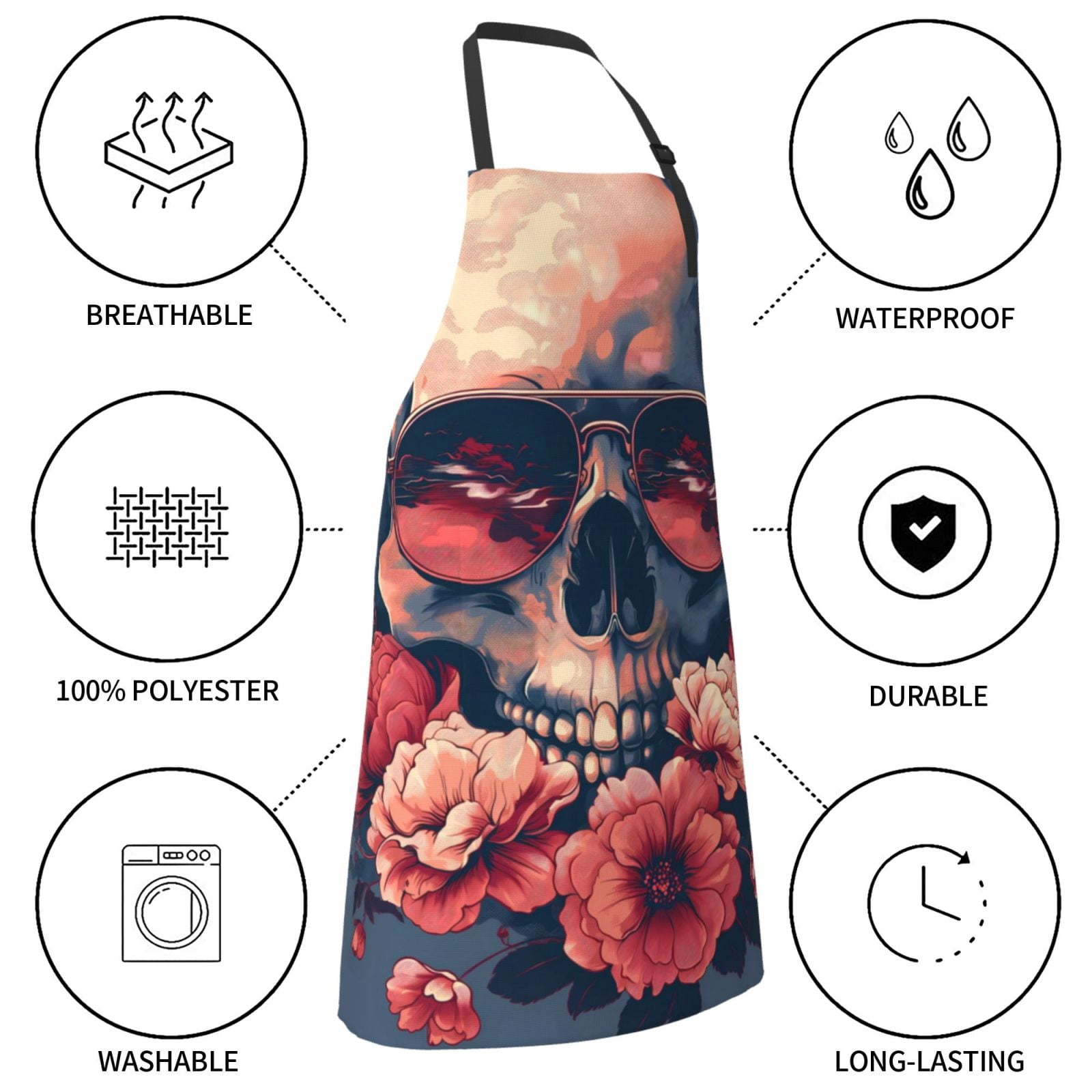Kdxio Skull With Roses And Sunglasses Apron with Pockets Adjustable Kitchen Aprons for Men Women Waterproof Aprons for Cooking,Drawing,Crafting, Baking Household Cleaning