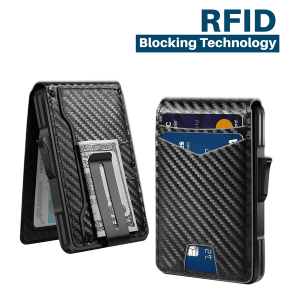 Men’s RFID Blocking Slim Wallet, Carbon Fiber Minimalist Front Pocket Design with Money Clip