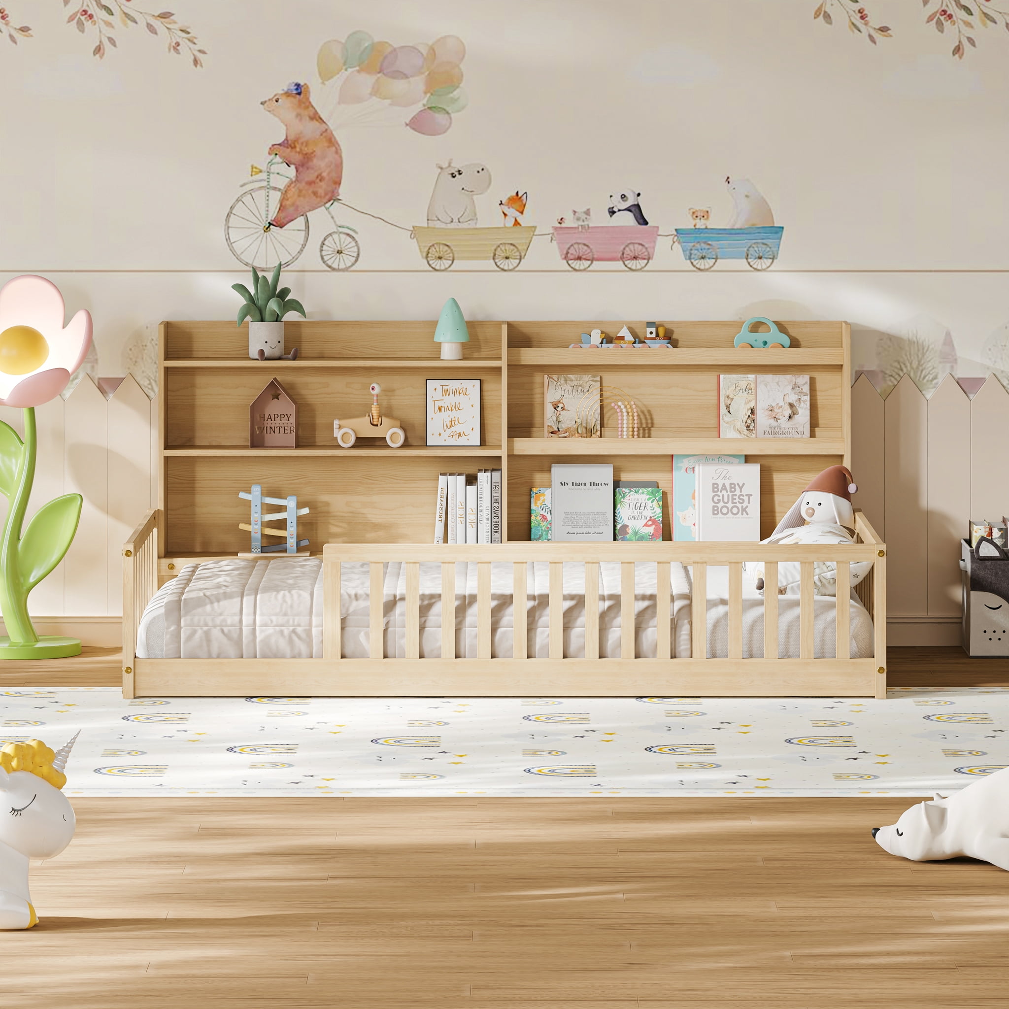 Twin Montessori Floor Bed with Bookshelf & Safety Rails, Natural,Solid pine wood kids bed with integrated bookshelf, low-to-ground Montessori design, safety fence rails and wide entrance.