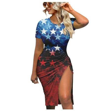 

Hvyesh 4th of July Dresses Women Plus Size Summer Bodycon Dress Elegant Graphic Crewneck Sundresses Bohemian Short Sleeve Trendy Dresses 2023 Light Blue