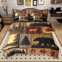 Manfei Brown Bear Deer 7pcs Bedding Comforter Set, Western Animal Wildlife Queen Bedding Sets, Rustic Lodge Cabin Reversible Queen Sheet Sets, Microfiber Bedroom Decor