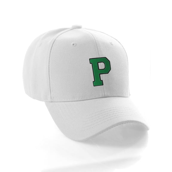 Classic Baseball Hat Custom A to Z Initial Team Letter, White Cap Black Green Letter P