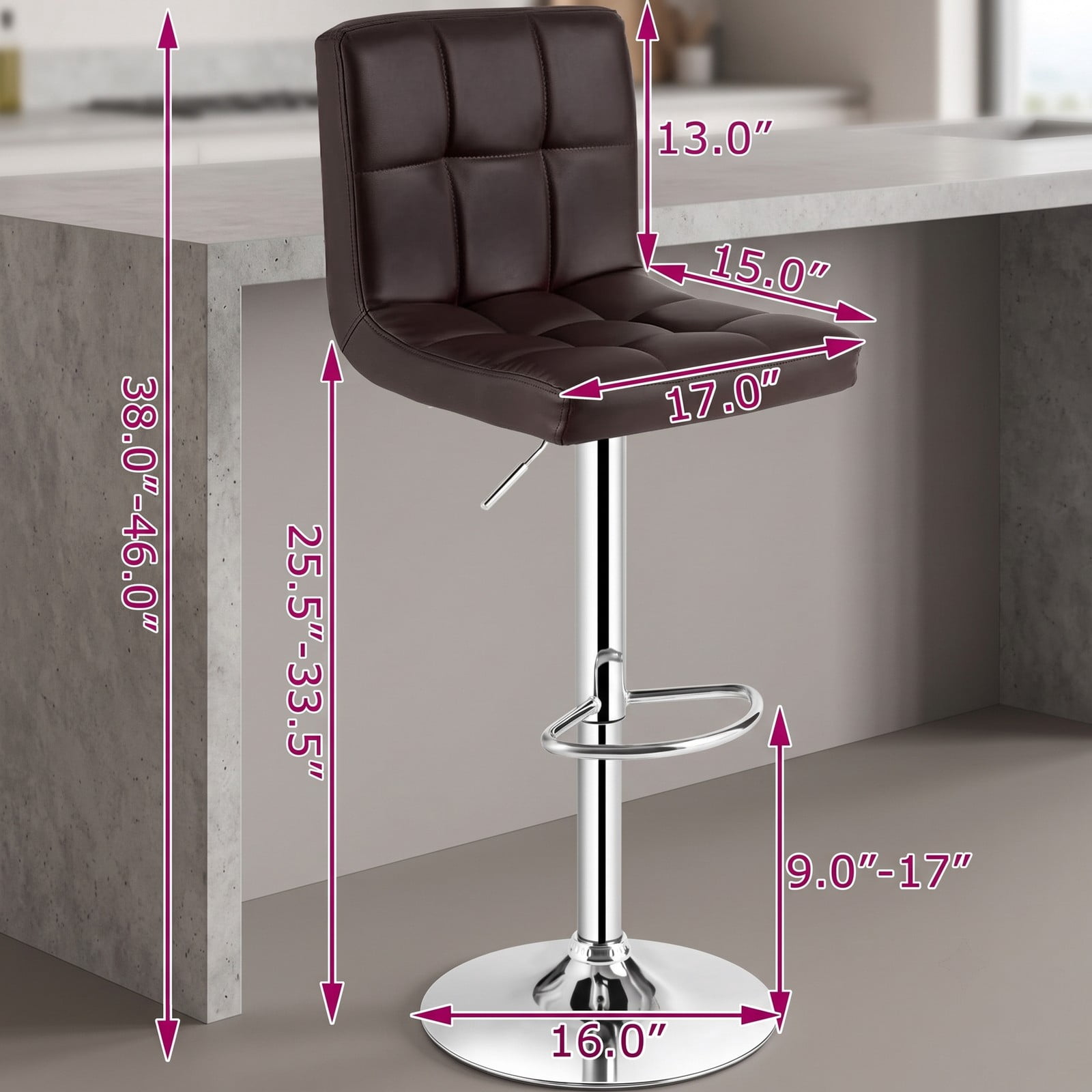 Furnibear Set of 2 Square Swivel Bar Stools, Adjustable Height PU Leather Counter Stools with Back and Footrest, 360-Degree Swivel Upholstered Kitchen Island, Coffee