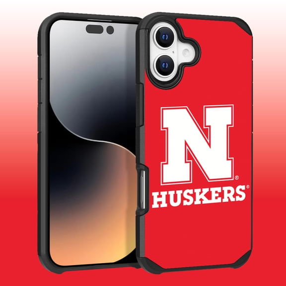 Apple iPhone 16 Plus (6.7) - Licensed NCAA University of Nebraska Cornhuskers Logo on Red Textured Dual Layer Case