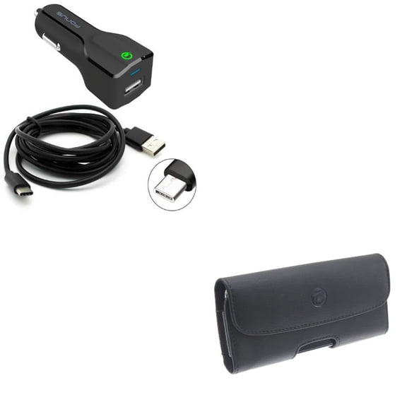 Black Leather Phone Case w 24W USB Adaptive Fast Car Charger 6ft Type-C Turbo Cable X1M Compatible With Google Pixel 3a XL