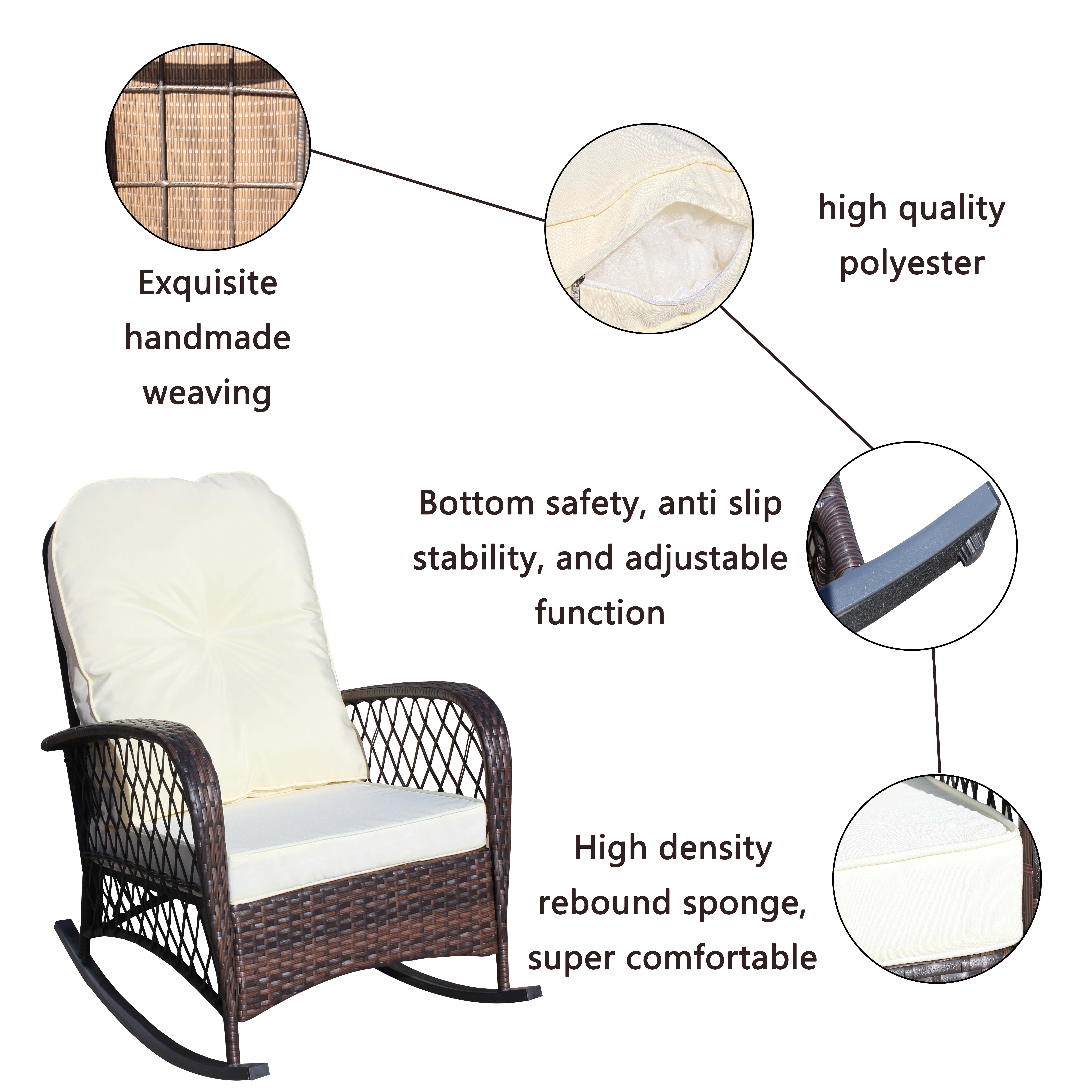 Wicker Outdoor Rocking Chair, Wide Seat Thick Cushion Steel Frame Rattan Rocker for Patio Garden Backyard Relax Area, Beige