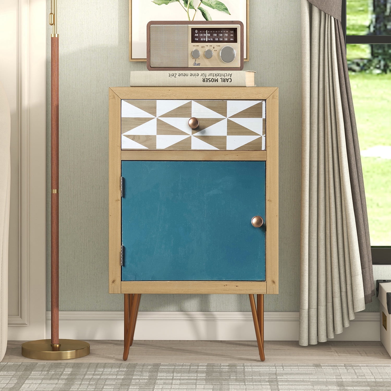 Kadyn Wooden Nightstand with One Drawer and One Cabinet, Modern Style Bedside Table with Metal Feet and Golden Handle, Storage End Table for Living Room and Bedroom, Natural Kadyn Wooden Nightstand with One Drawer and One Cabinet, Modern Style Bedside Table with Metal Feet and Golden Handle, Storage End Table for Living Room and Bedroom, Natural