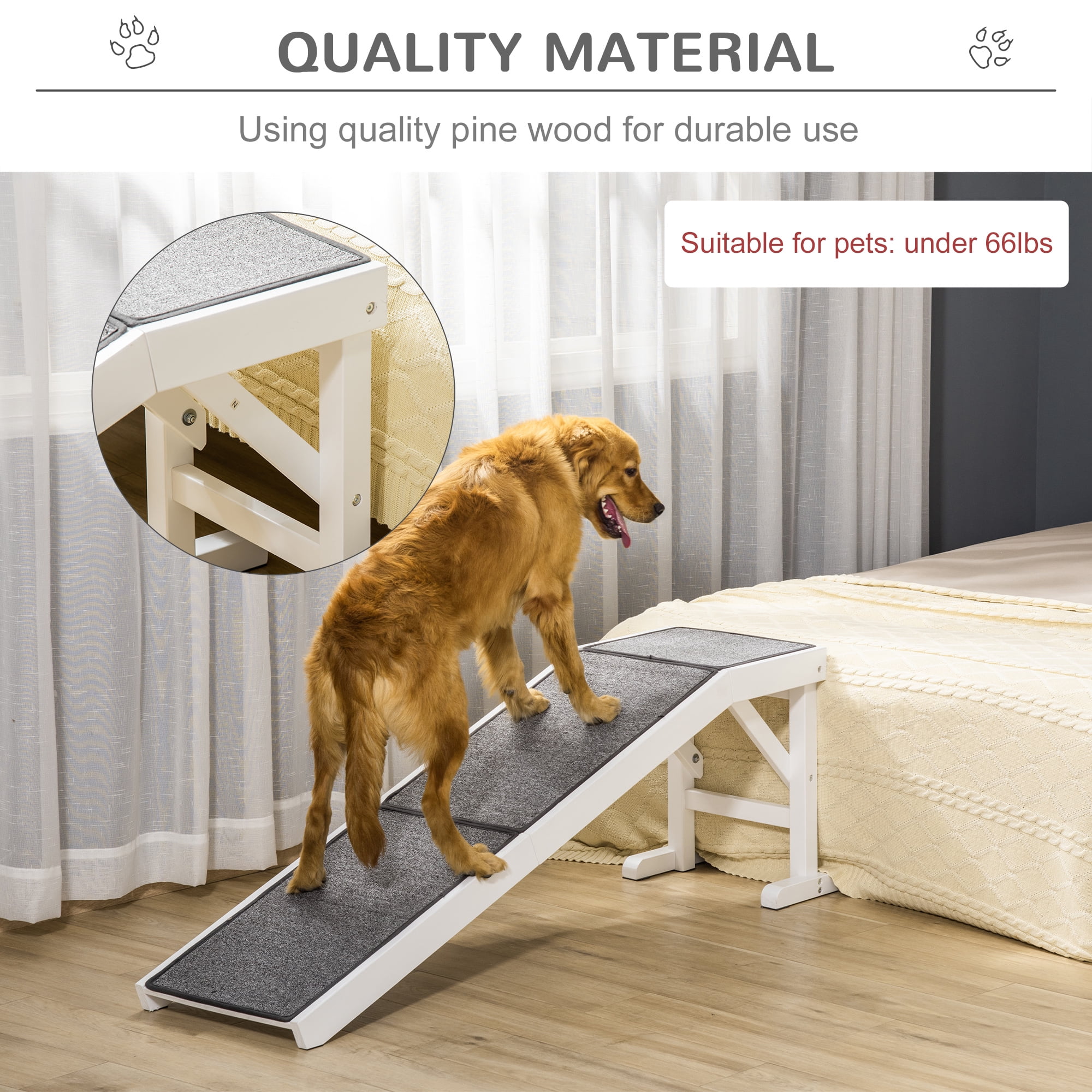 Dog Ramp for Bed, Pet Ramp for Dogs with Non-Slip Carpet and Top Platform, 60" x 16" x 20", White