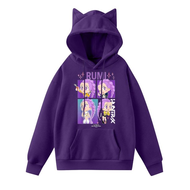 Dem on Hunting pop Huntrix Print Cat Ears Hoodie with De-mon Sweatshirt Movie Fashion Streetwear Long Sleeve Print Soft Sweatshirt L