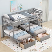 Bellemave Triple Bunk Bed with Stairs for 3, Wood Full over Twin & Twin 3 Bunk Bed with 6 Storage Drawers, Triple Bunk Bed for Teens Adults (Gray)