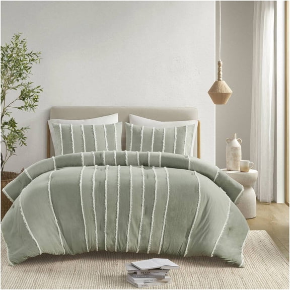 JERFIT 3-Piece King Size Comforter Set - Sage Green Striped Cotton Bedding Set with Jacquard Trim
