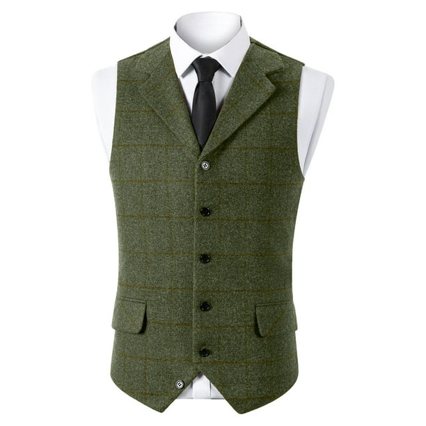 Blusa sin mangas con cuello vuelto para hombre, estilo vintage, informal, a cuadros, con bolsillos y botones, con solapa y sin mangas