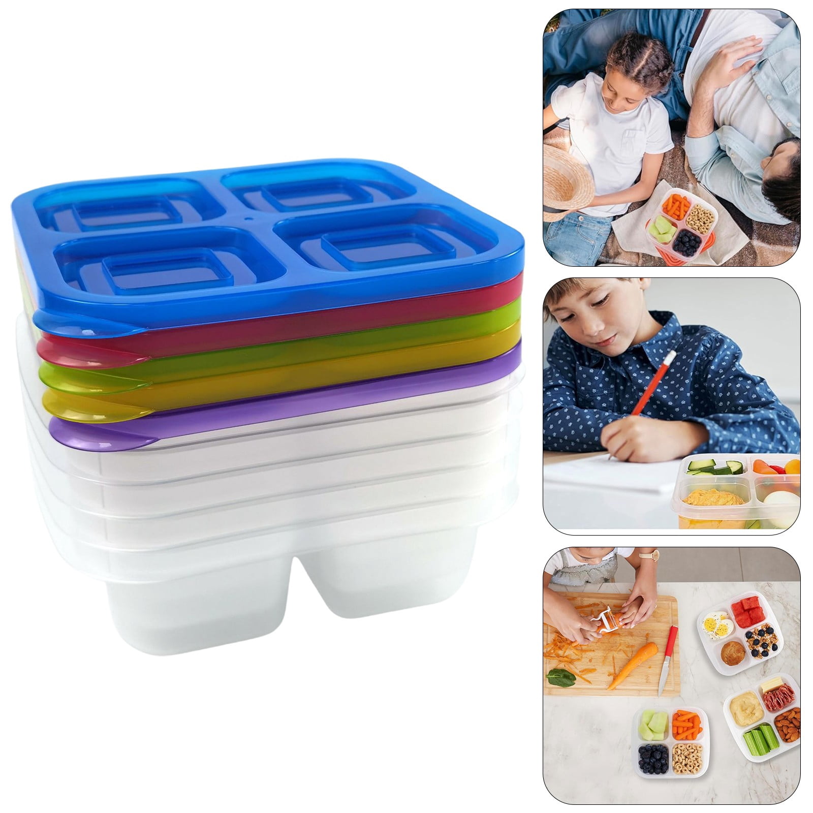 Food Storage Container, Lunch Box, Bento Box with Lid, 4 Compartment Reusable Meal Container, Durable Adult Lunch Box, Leak Proof Storage Container 6.5x6x2 Inch (10Pcs)