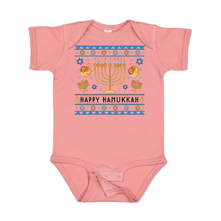 

Inktastic Happy Hanukkah Sweater Style Design with Menorah and Dreidel Gift Baby Boy or Baby Girl Bodysuit