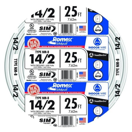 Romex 6 3 Wire Southwire 28827421 25' 14/2 with ground Romex brand SIMpull residential indoor electrical wire type NM-B White ()