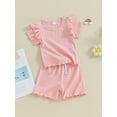 thumbnail image 4 of Baby Girls 2 Piece Outfit Solid Color Ribbed Ruffle Short Sleeve T-Shirt and Elastic Shorts Set Summer Clothes, 4 of 10