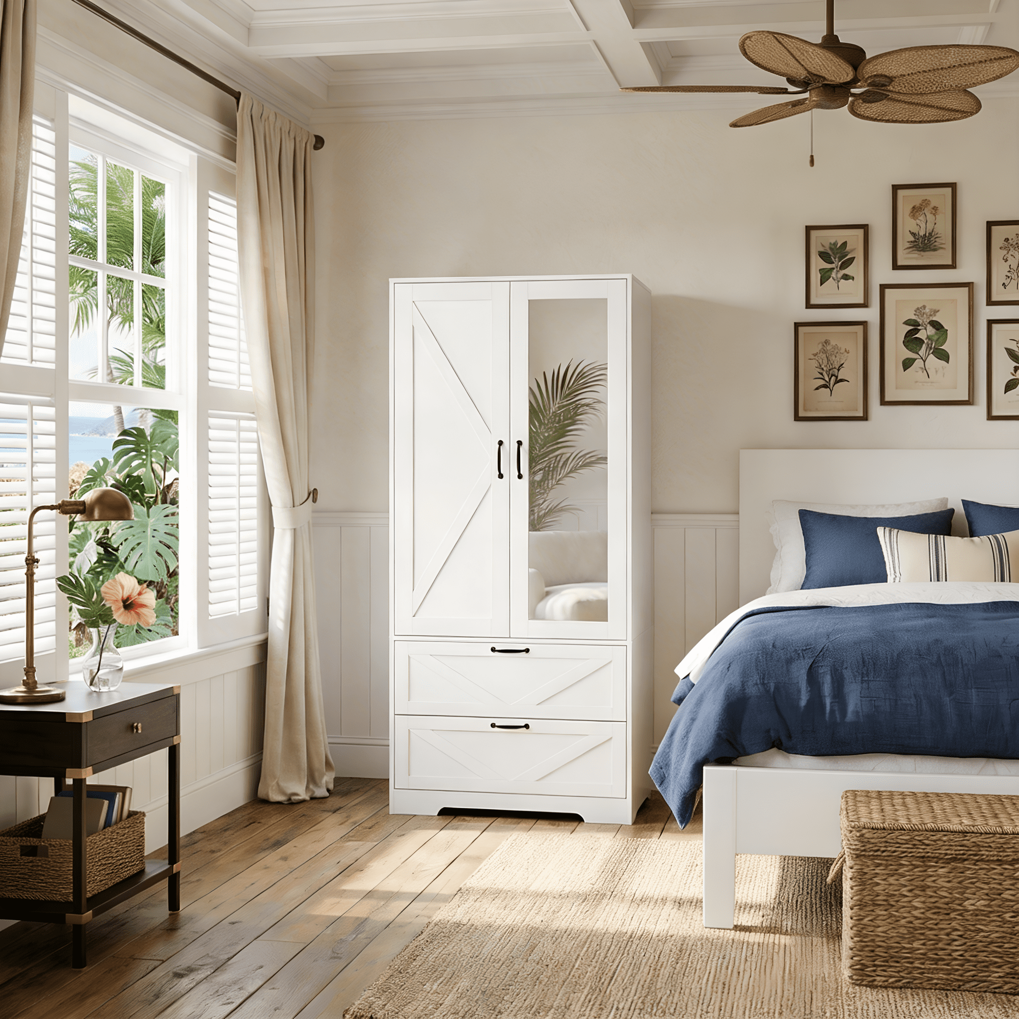 72" Tall 2 Doors Armoire Wardrobe Closet with 2 Drawers and Mirror, Multifunctional Wooden Wardrobe Storage Cabinet with Induction Light for Bedroom,White