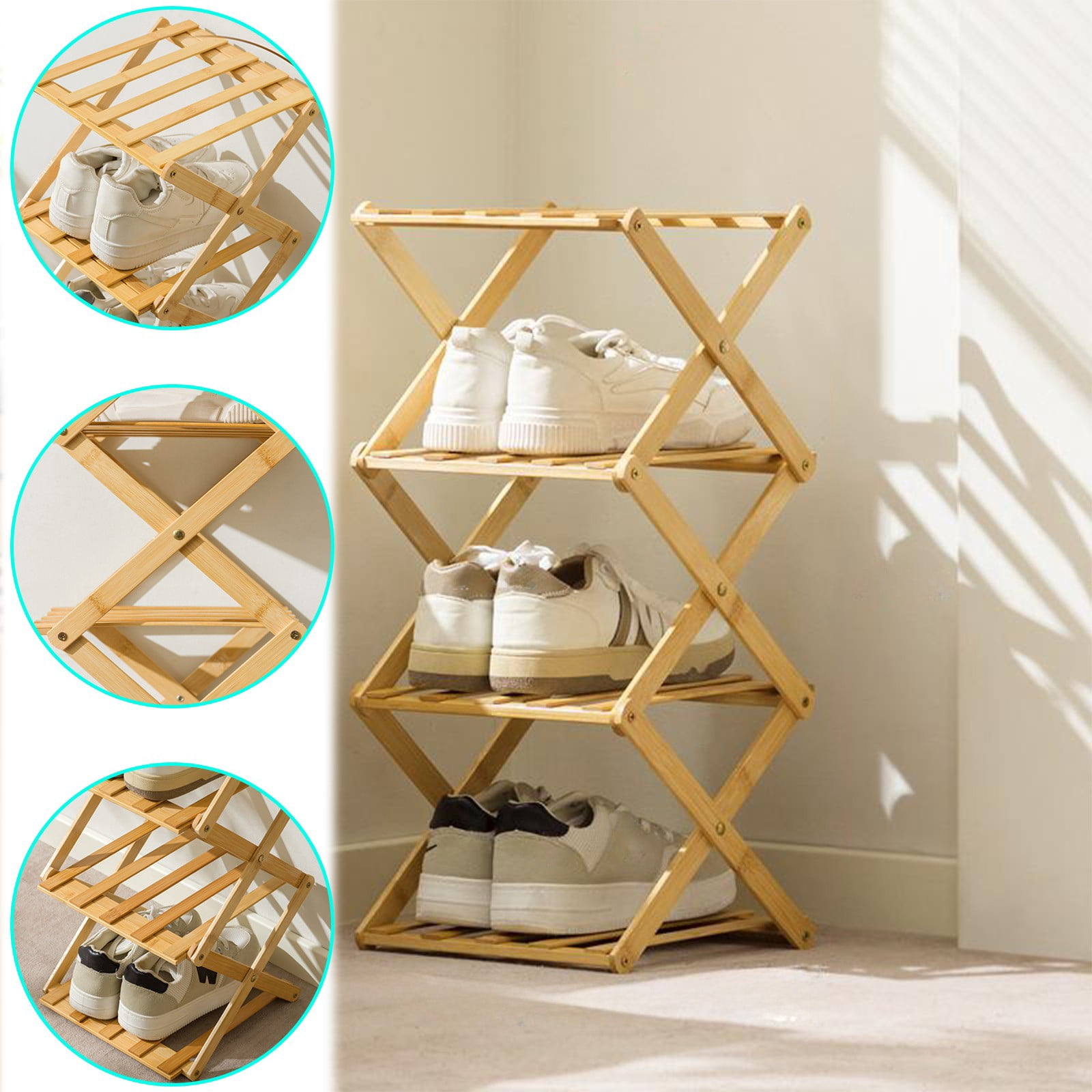 Foldable Wooden Shoe Rack, No Assembly Multi-Tier Entryway Space-Saving Shoe Organizer for Home