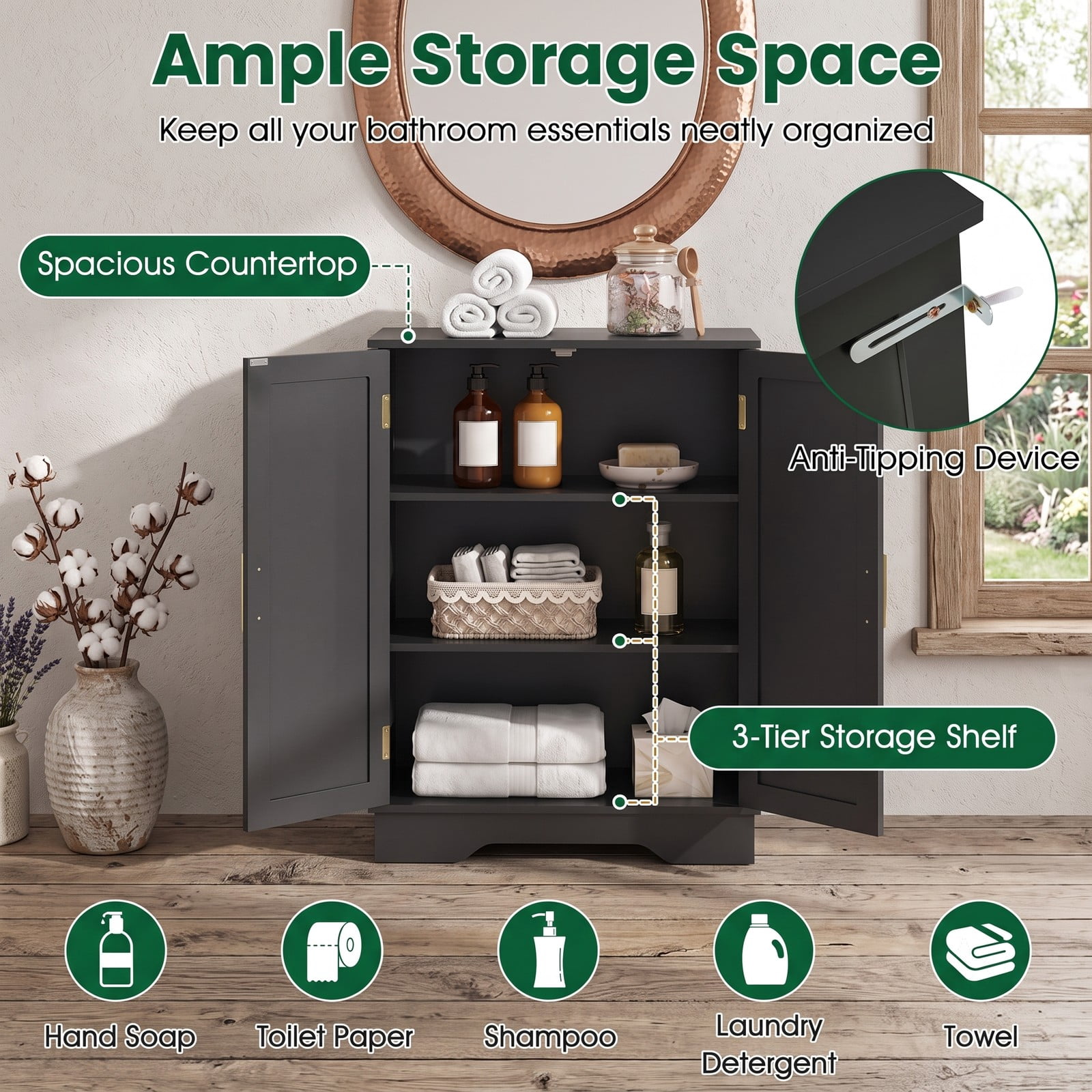 Fenbeli Bathroom Floor Storage Cabinet, Freestanding 2-Door Side Cabinet with Adjustable Shelves and Countertop, Modern MDF Bathroom Organizer for Bathroom, Black