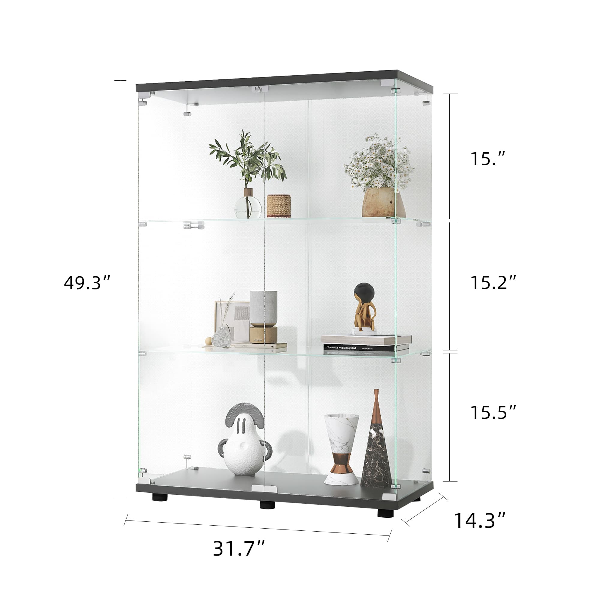 MAYEERTY Glass Display Cabinet 3 Shelves with Two-Door, Floor Standing Glass Bookshelf, 49.3"×31.7"×14.3",Black